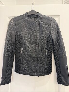 BCBGMaxAzria Black Croc-Embossed Faux-Leather Moto Jacket